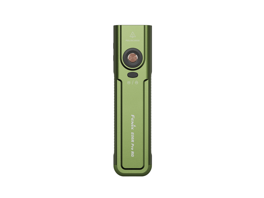 Green Fenix E06R Pro RG Green Laser Flashlight with buttons and branding on a white background