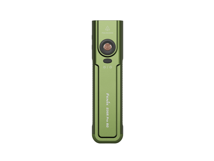 Green Fenix E06R Pro RG Green Laser Flashlight with buttons and branding on a white background