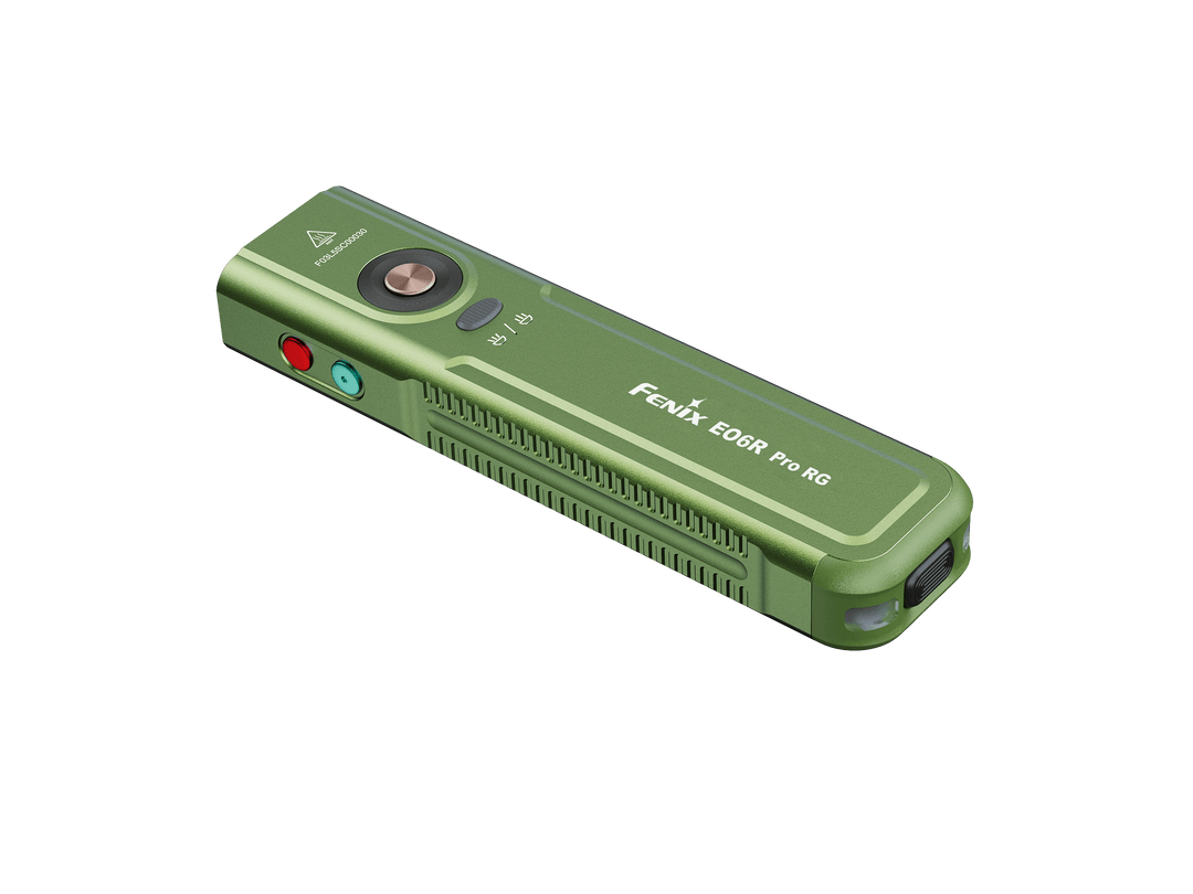 Green flashlight with 'Fenix' branding on a black background