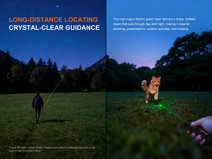 Person using the laser pointer of the Fenix E06R Pro RG Green Laser Flashlight in a field with a cat following, set against a night sky.