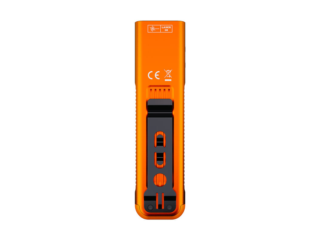 Orange Fenix E06R Pro RG Green Laser Flashlight with clip on a white background