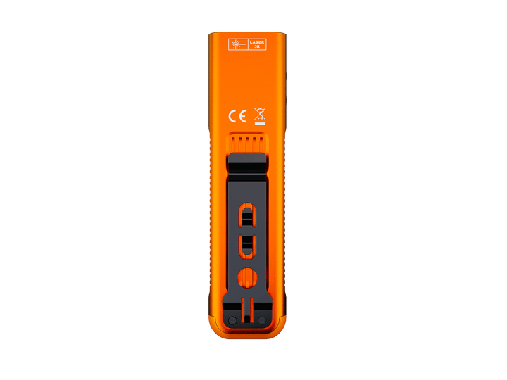 Orange Fenix E06R Pro RG Green Laser Flashlight with clip on a white background