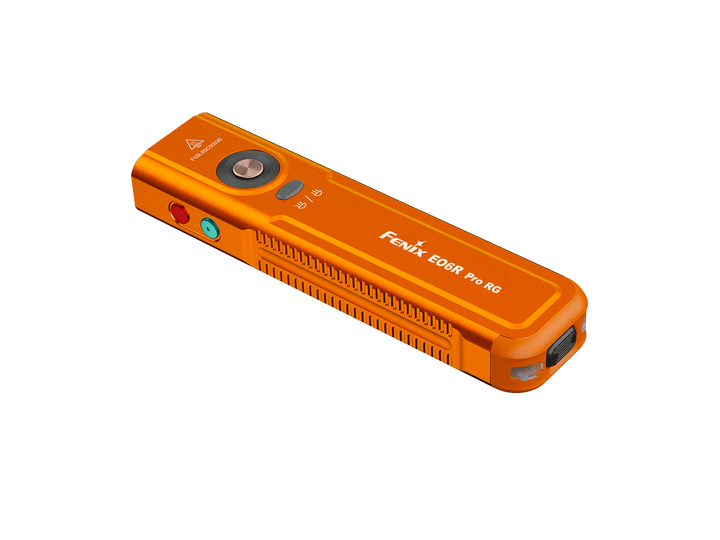 Orange Fenix E06R Pro RG flashlight on a black background