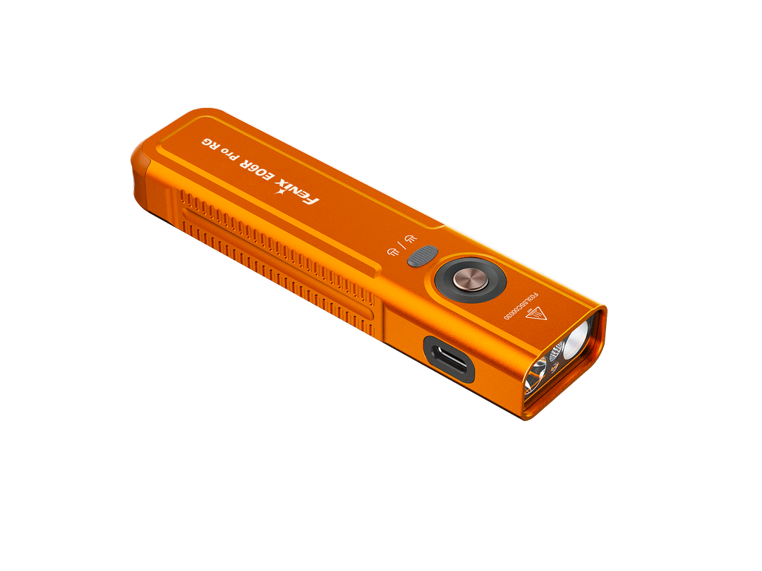 Orange Fenix E06R Pro RG Green Laser Flashlight on a white background