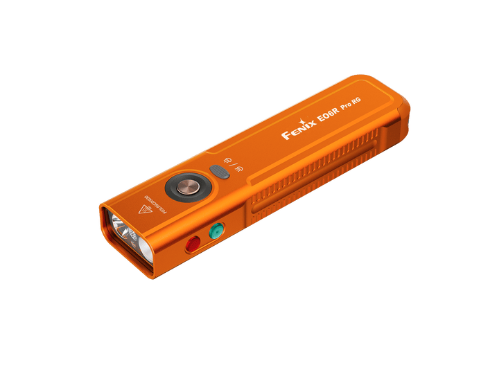 Orange flashlight with 'Fenix' branding on a black background