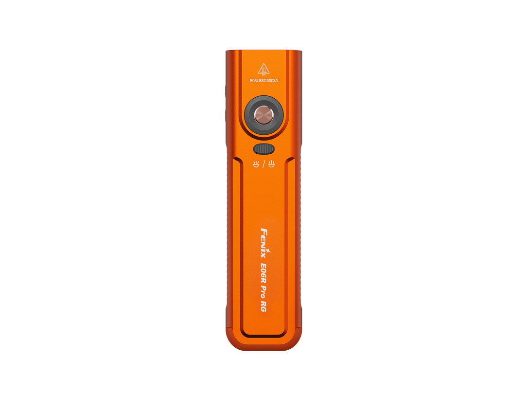Orange Fenix E06R Pro RG Green Laser Flashlight with buttons and branding on a white background