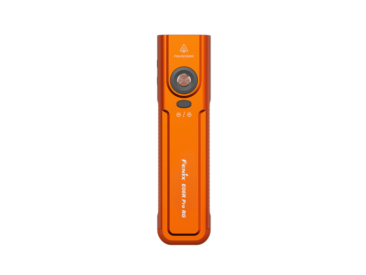 Orange Fenix E06R Pro RG Green Laser Flashlight with buttons and branding on a white background