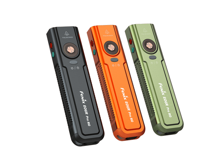 Three Fenix E06R Pro RG Green Laser Flashlights in black, orange, and green on a black background