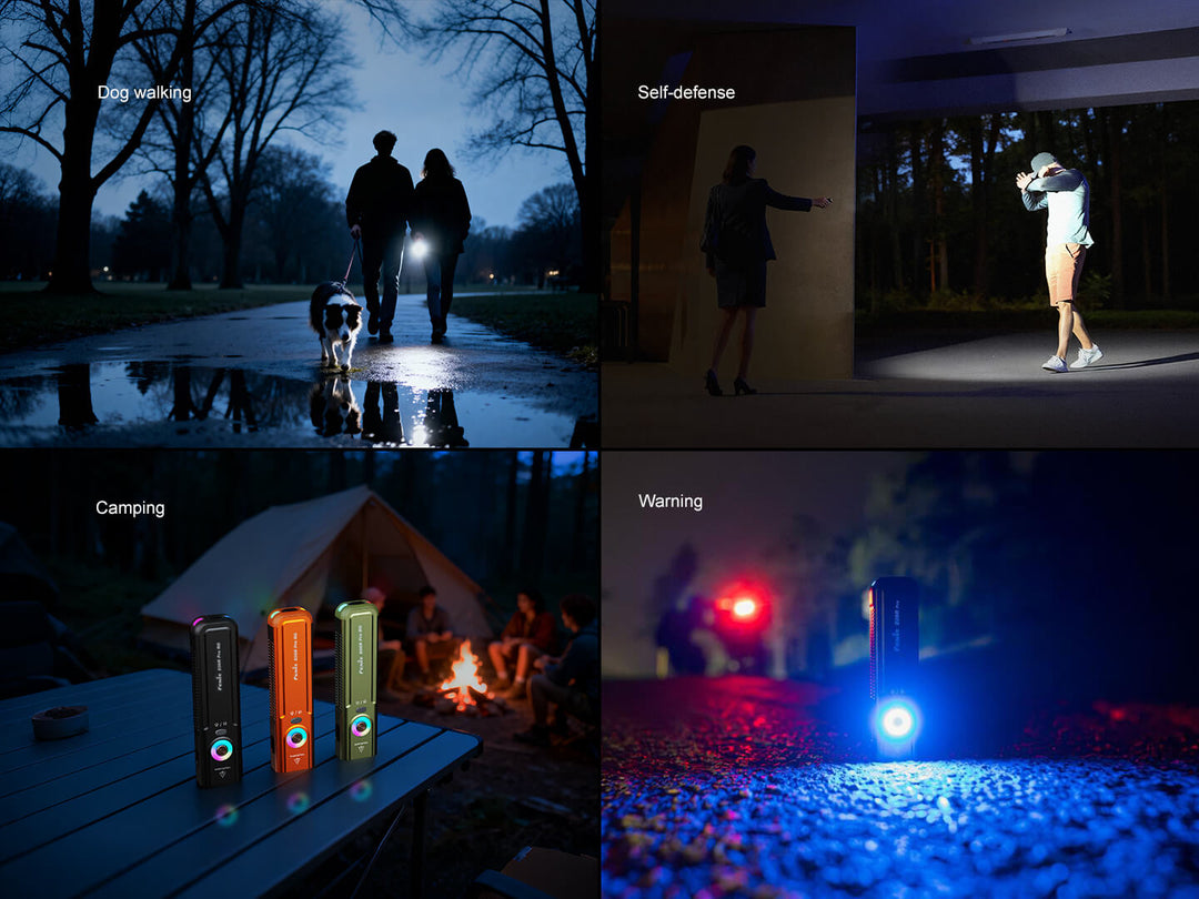 Collage of a Fenix E06R Pro RG Green Laser Flashlight being used for various purposes including dog walking, self-defense, camping, and warning.