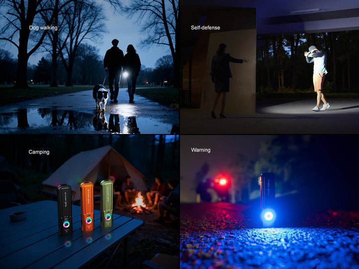 Collage of a Fenix E06R Pro RG Green Laser Flashlight being used for various purposes including dog walking, self-defense, camping, and warning.
