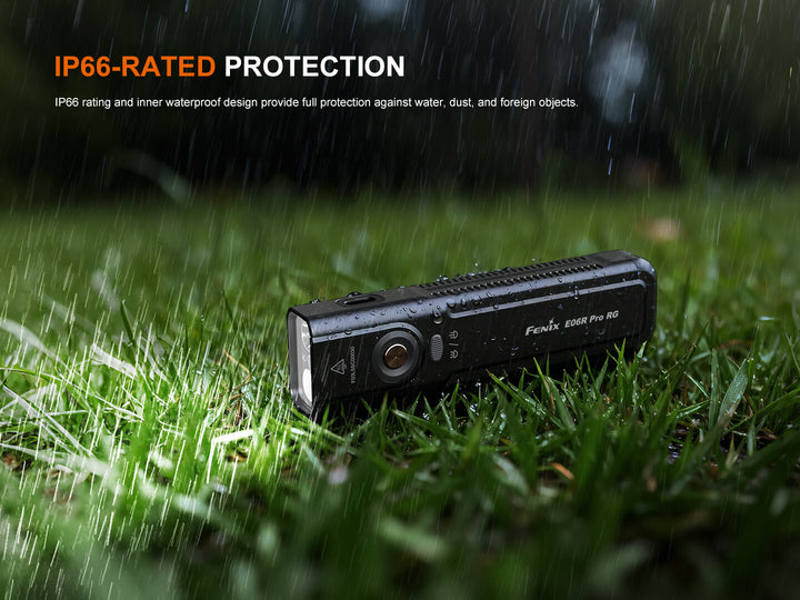 Black Fenix E06R Pro RG Green Laser Flashlight on grass with raindrops and 'IP66-Rated Protection' text