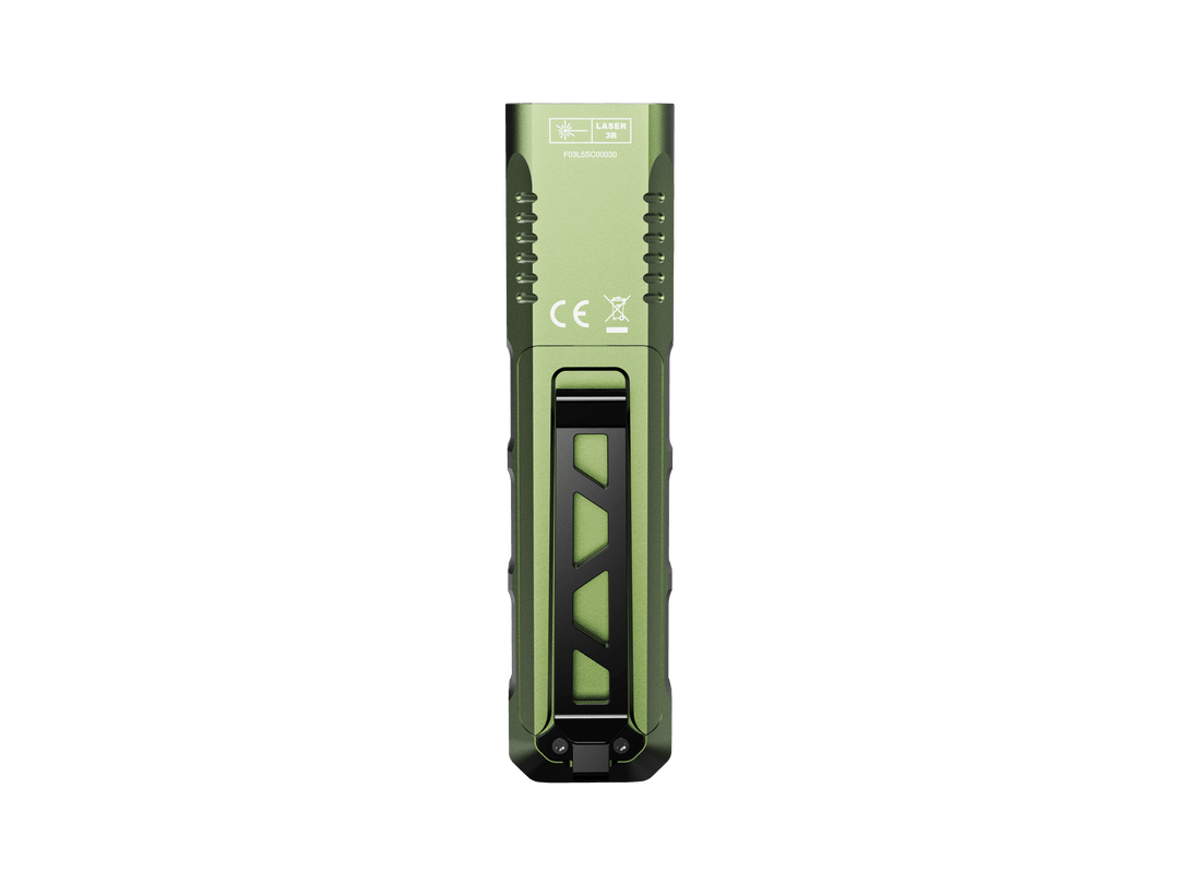 Fenix E08R UE EDC Flashlight in green as viewed from the bottom