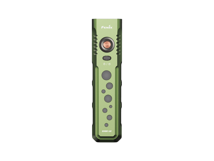 Fenix E08R UE EDC Flashlight in green viewed from the top