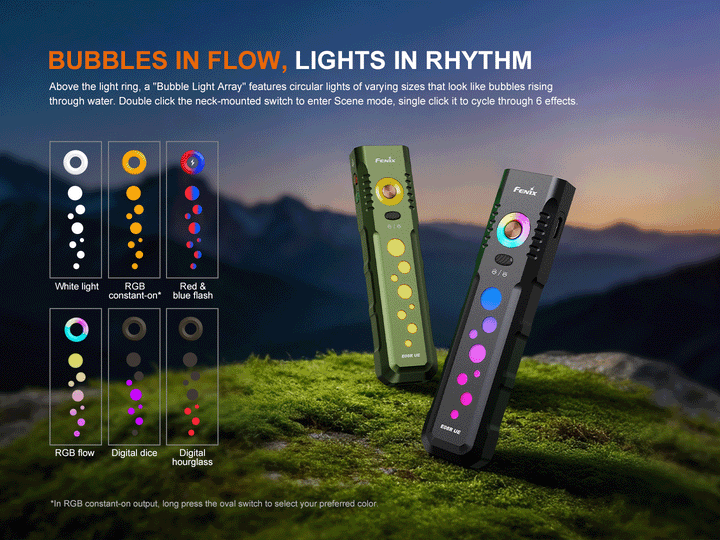 A GIF showing the mood lighting features of the Fenix E08R UE EDC Flashlight 