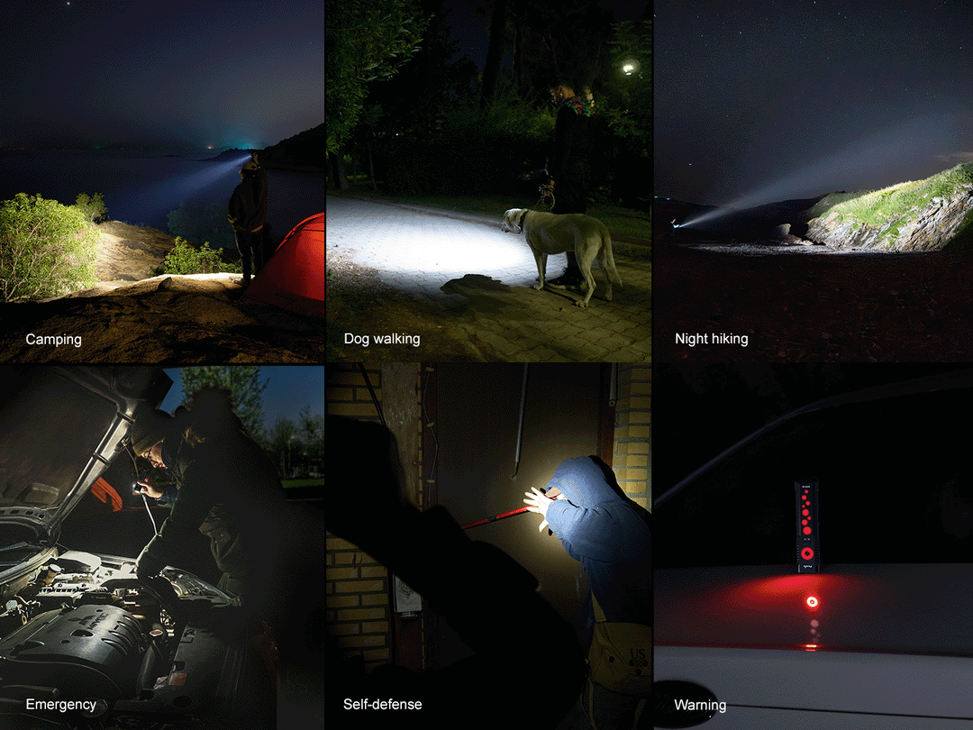 A collage of photos and a GIF showing different uses for the Fenix E08R UE EDC Flashlight 