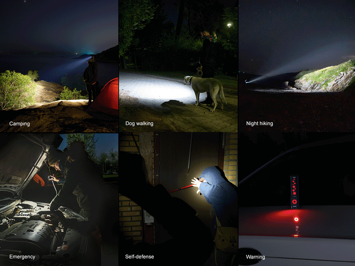 A collage of photos and a GIF showing different uses for the Fenix E08R UE EDC Flashlight 