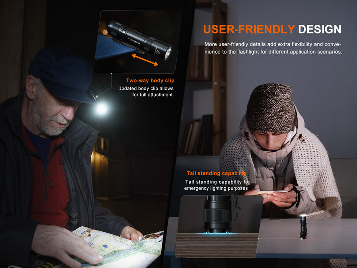 Fenix E12 V3 EDC flashlight clipped to a baseball cap with its two-way clip for use as a headlamp