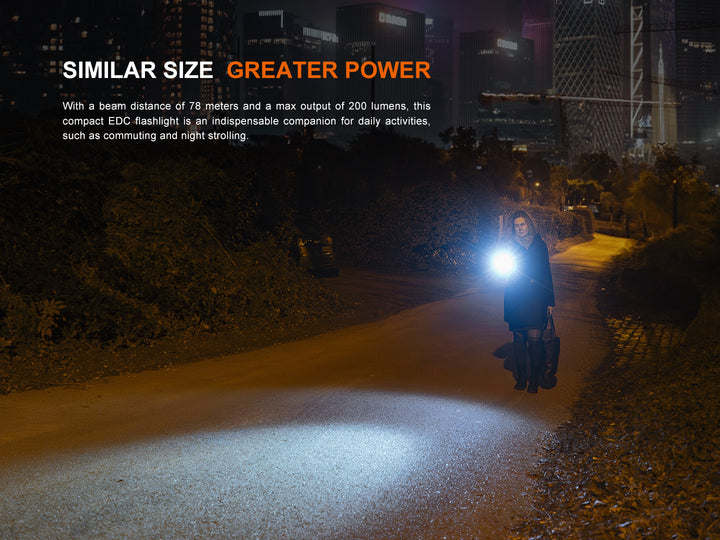 Fenix E12 V3 EDC flashlight used to walk a side street at night in the city