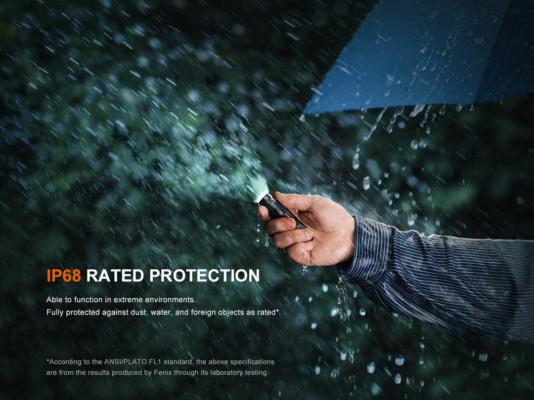 Fenix E12 V3 EDC flashlight in the rain