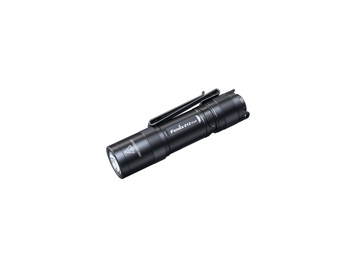 A black Fenix E12 V3 portable EDC flashlight with a metallic body and a single switch on the side.