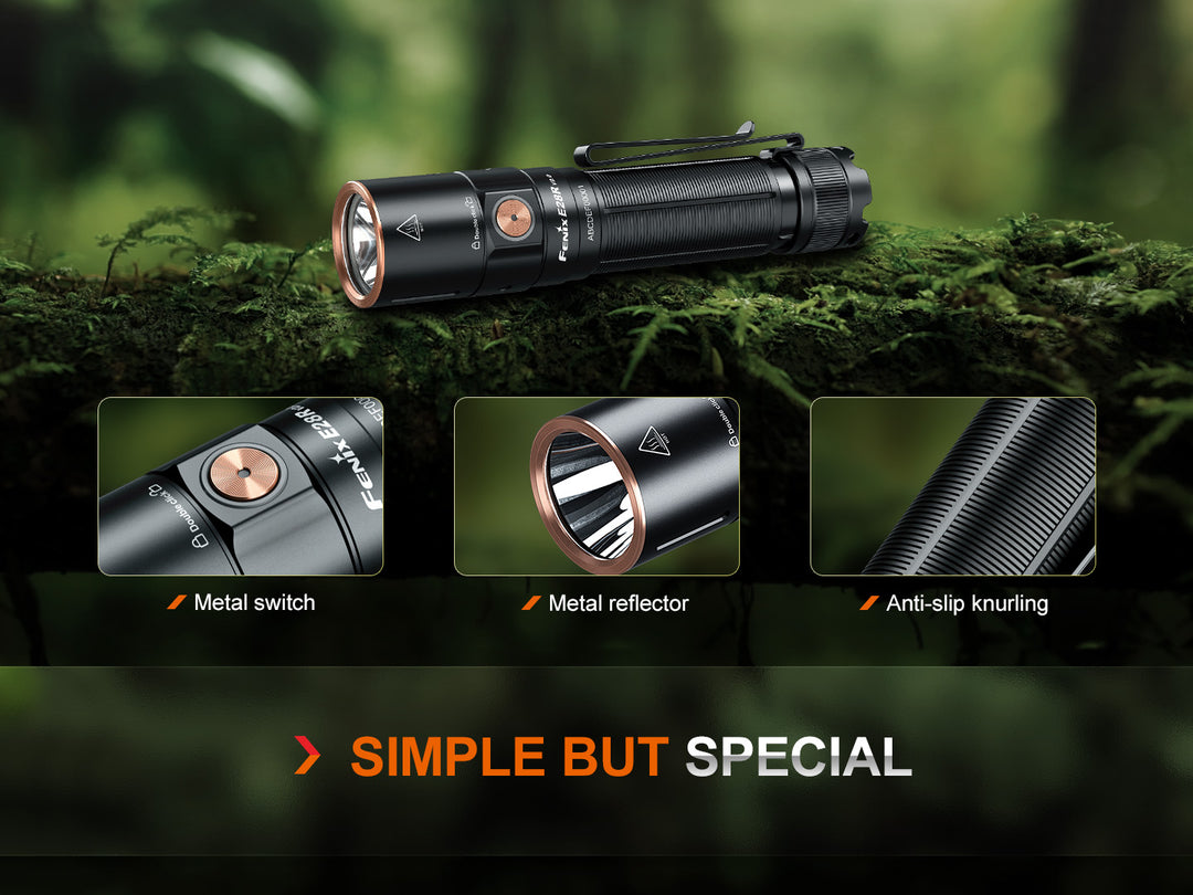 Several photos showing visual details of the Fenix E28R V2 rechargeable EDC flashlight 
