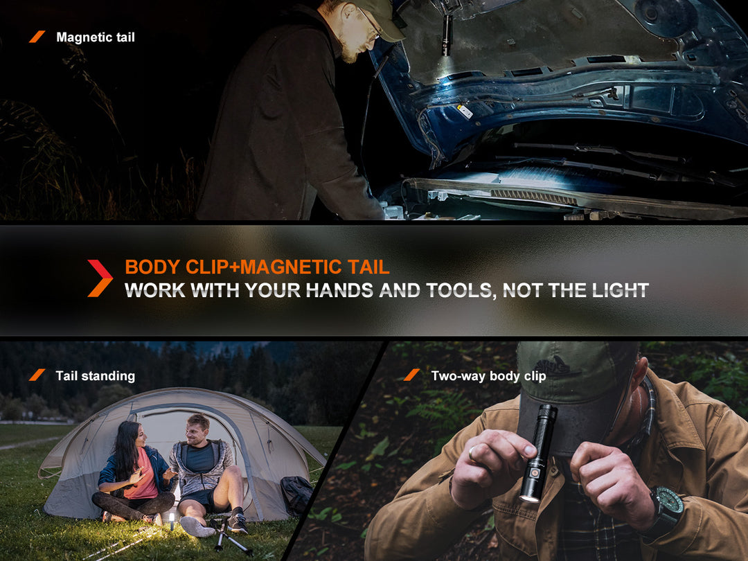 Several images showing the uses of the magnetic tail cap and pocket clip of the Fenix E28R V2 rechargeable EDC flashlight 