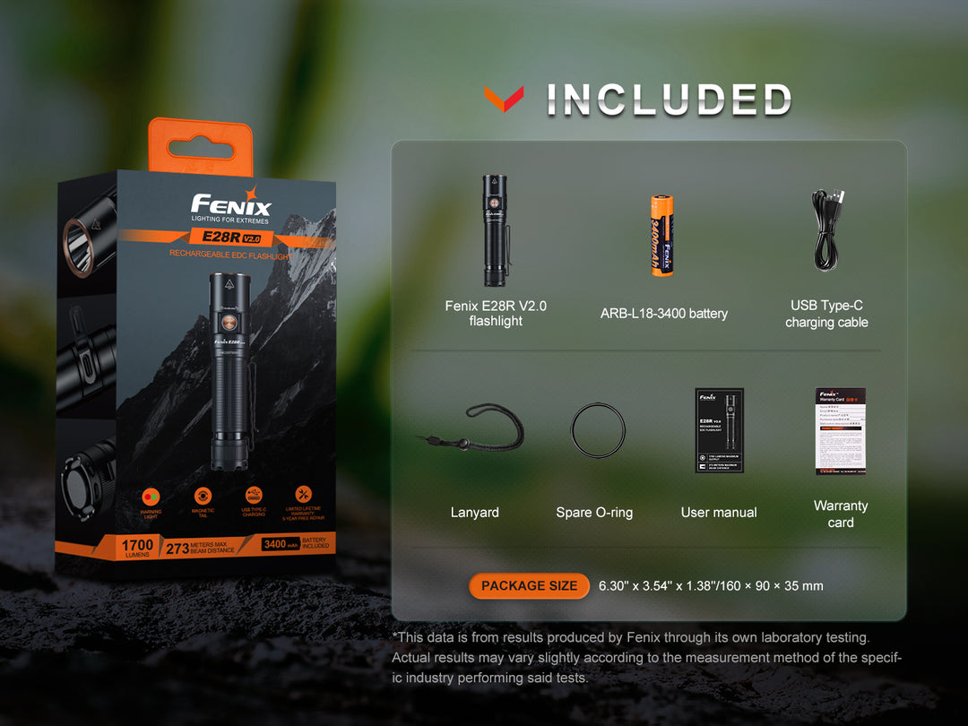 Fenix E28R V2 rechargeable EDC flashlight in packaging with included accessories