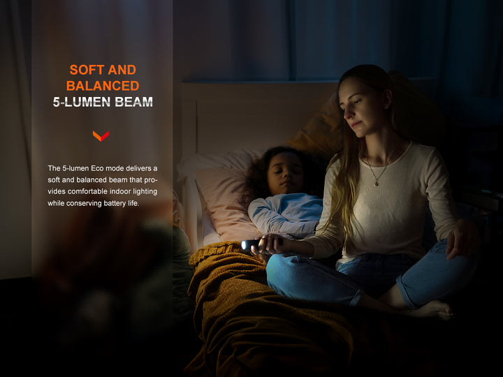 Fenix E28R V2 rechargeable EDC flashlight used in child's bedroom at night