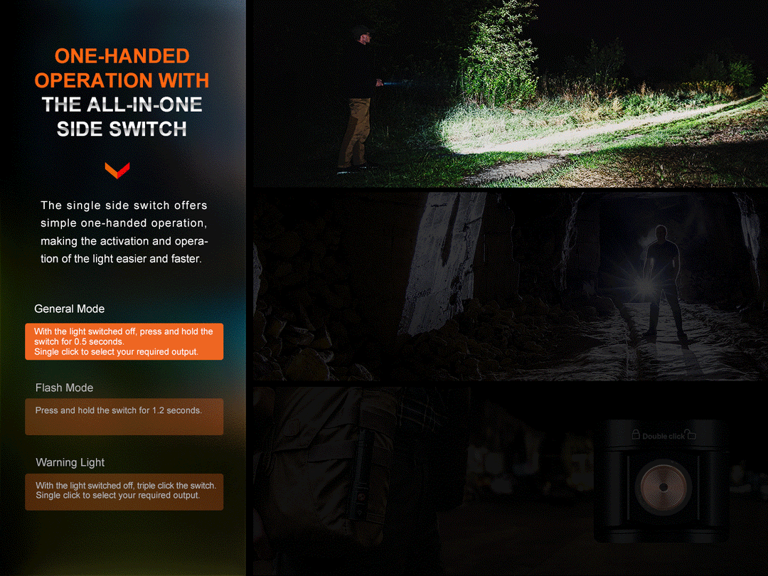 A GIF showing the operational modes of the Fenix E28R V2 rechargeable EDC flashlight 