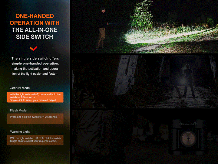 A GIF showing the operational modes of the Fenix E28R V2 rechargeable EDC flashlight 