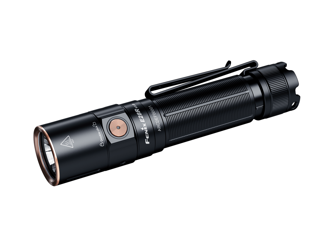 A black Fenix E28R V2 rechargeable EDC flashlight with a visible orange switch, designed for outdoor use.