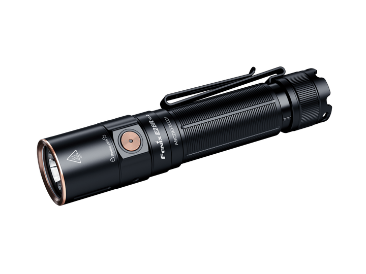 A black Fenix E28R V2 rechargeable EDC flashlight with a visible orange switch, designed for outdoor use.