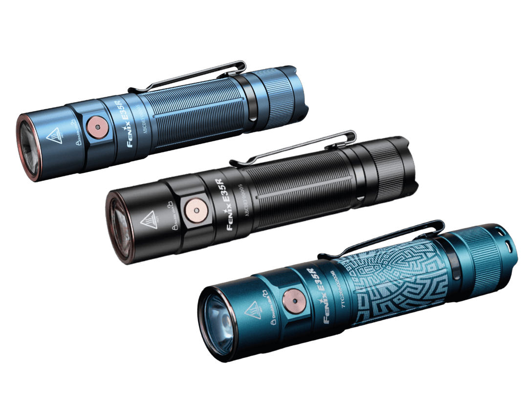 Three flashlights in blue, black, and a patterned design on a black background