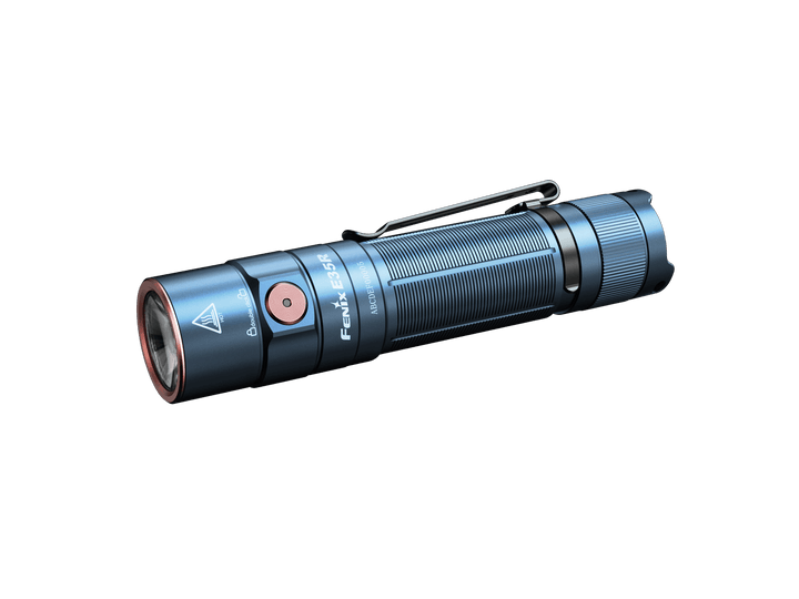 Blue Fenix E35R high-performance rechargeable LED flashlight on a black background