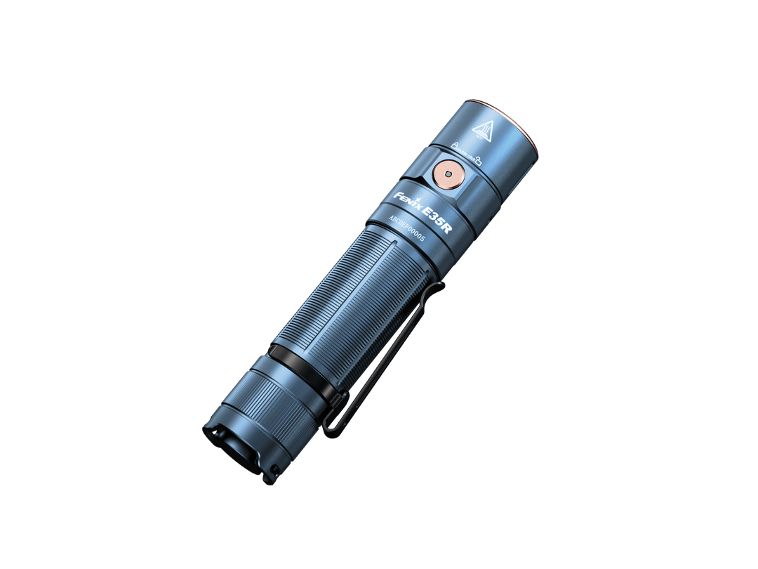 Blue Fenix E35R high-performance rechargeable LED flashlight on a black background