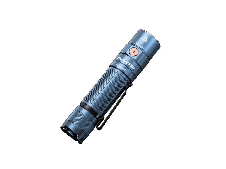 Blue Fenix E35R high-performance rechargeable LED flashlight on a black background