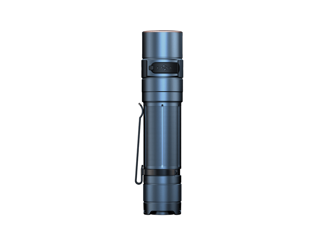 Blue Fenix E35R high-performance rechargeable LED flashlight on a black background