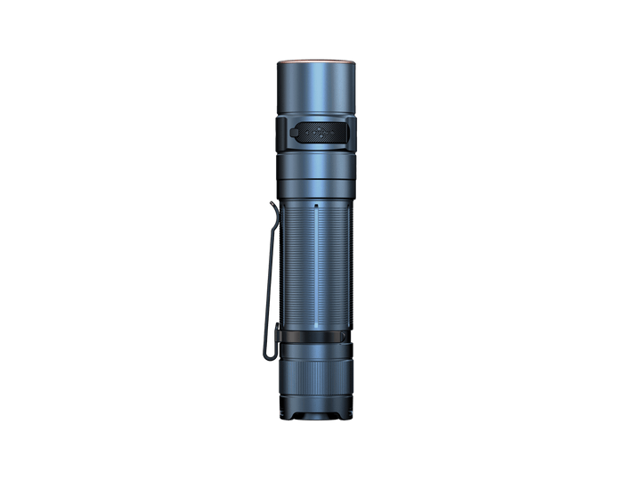 Blue Fenix E35R high-performance rechargeable LED flashlight on a black background
