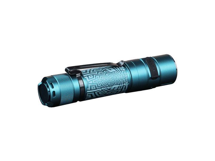 Turquoise Fenix E35R high-performance rechargeable LED flashlight with tribal design on a black background