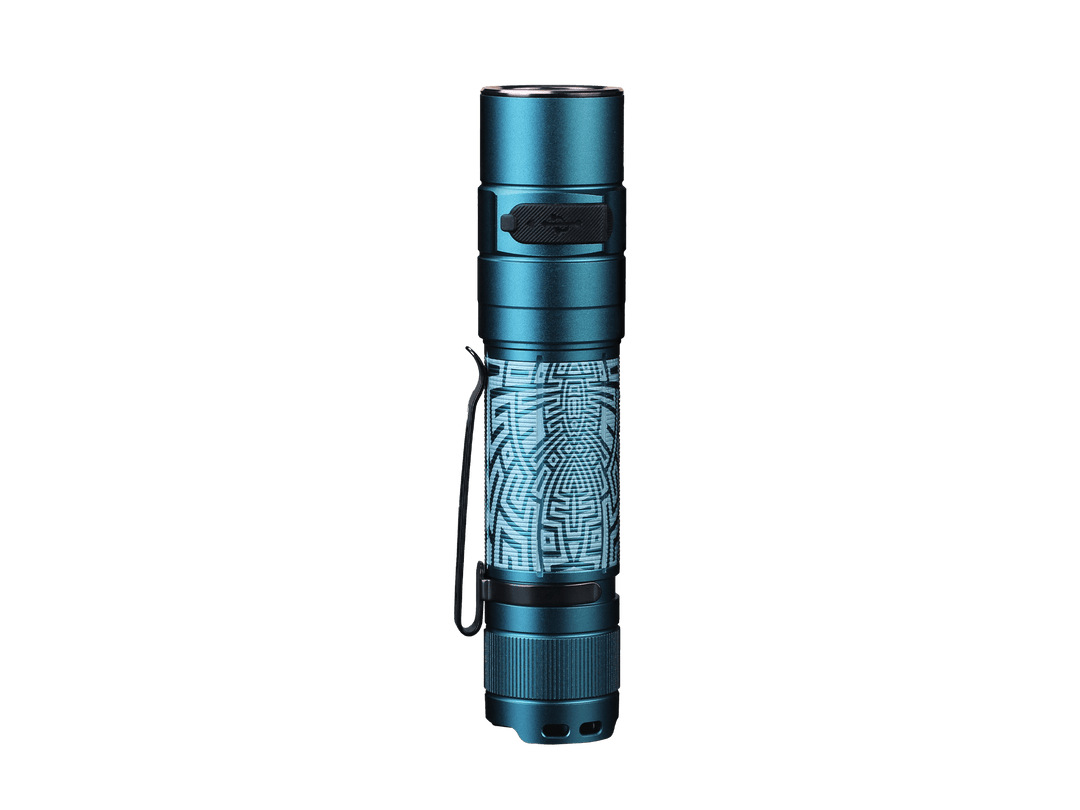 Blue Fenix E35R high-performance rechargeable LED flashlight with geometric pattern on a black background