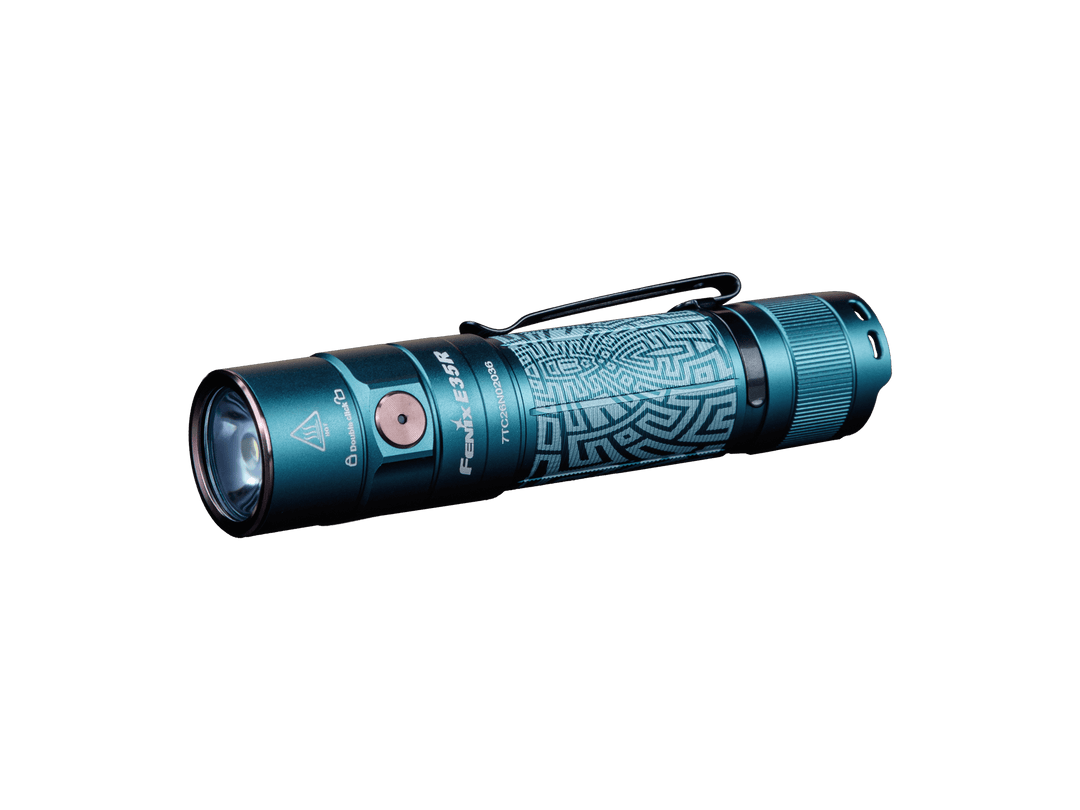 Blue Fenix E35R high-performance rechargeable LED flashlight with intricate design on a black background