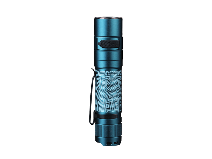 Blue Fenix E35R high-performance rechargeable LED flashlight with geometric pattern on a black background