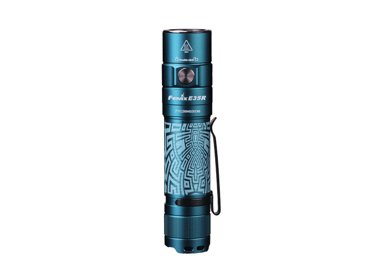Blue Fenix E35R high-performance rechargeable LED flashlight with geometric pattern on a black background