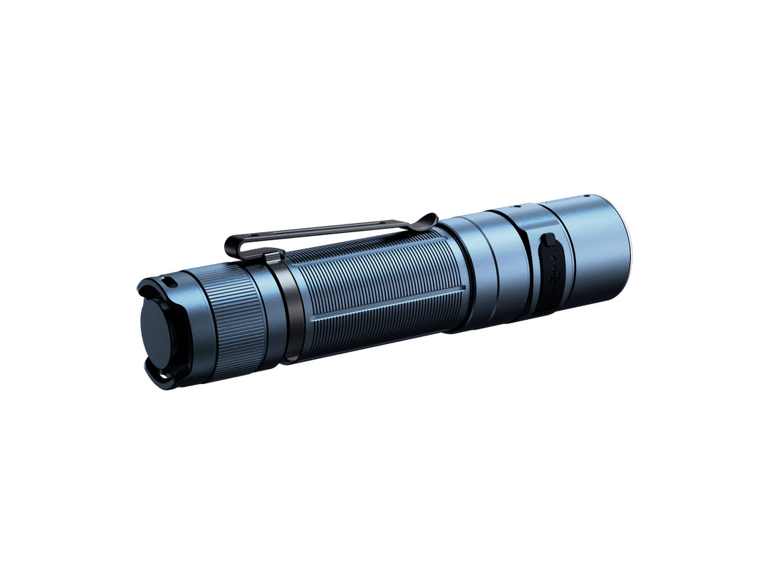 Blue Fenix E35R high-performance rechargeable LED flashlight on a black background