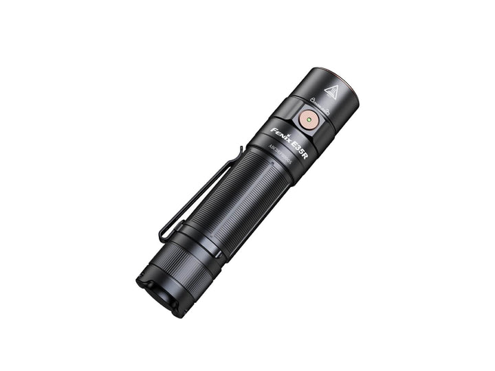 A black Fenix E35R high-performance rechargeable LED flashlight with side switch.