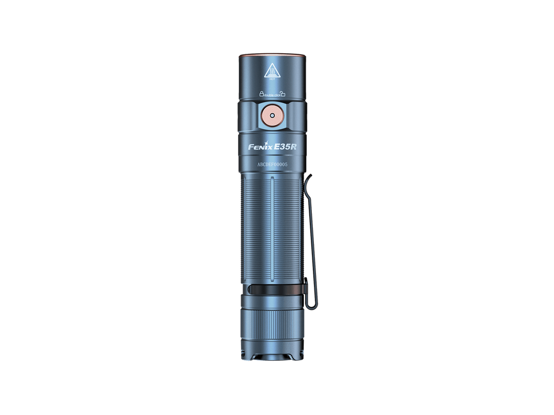 Fenix E35R flashlight on a black background