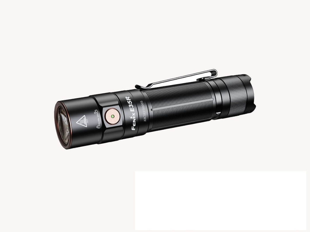 Fenix E35R high-performance rechargeable LED flashlight as viewed from the top