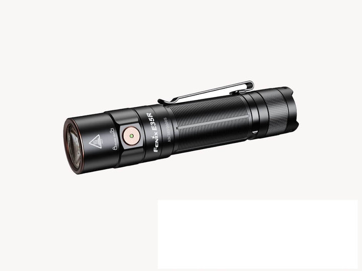 Fenix E35R high-performance rechargeable LED flashlight as viewed from the top