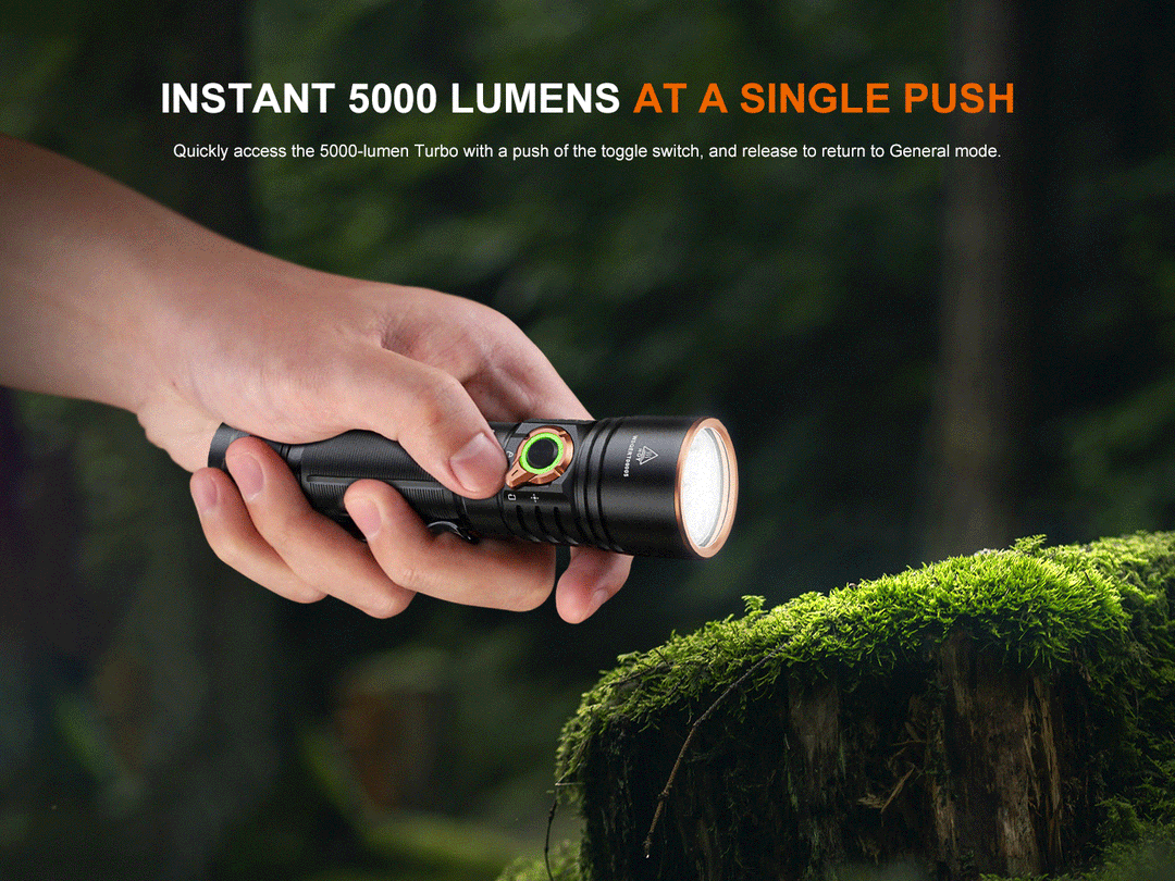 A GIF image showing a Fenix E40R flashlight adjusting brightness. 