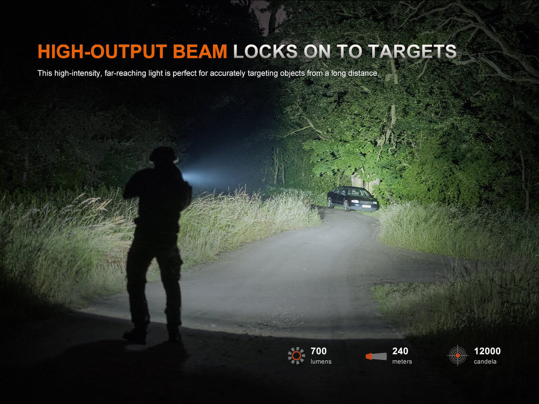 Person using a high-intensity Fenix GL07 flashlight on a dark road with text about the flashlight's features.